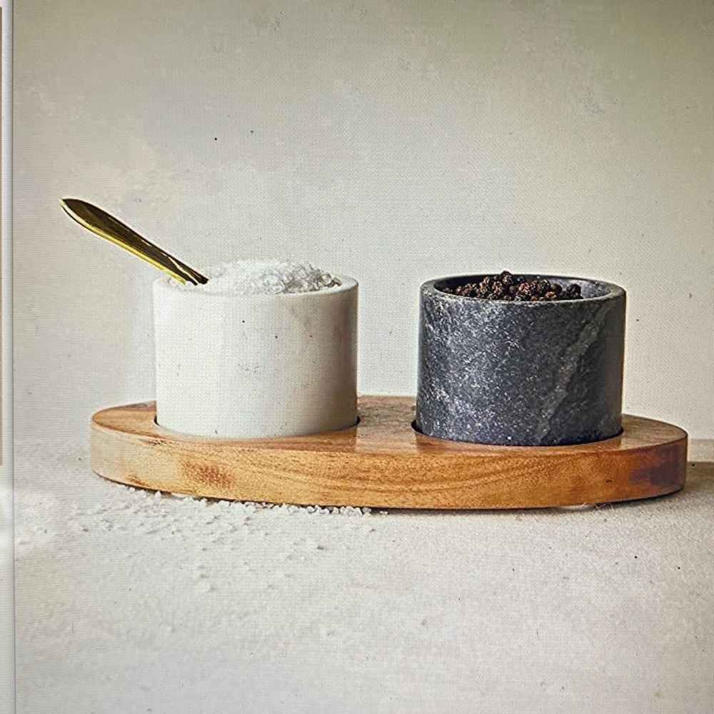Creative Co-Op Marble Salt and Pepper Set with Wood Tray - White, Black, Natural